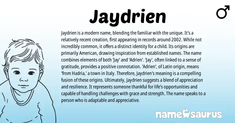 Infographic about Jaydrien name meaning, Jaydrien is a name from American, Latin origin(s).