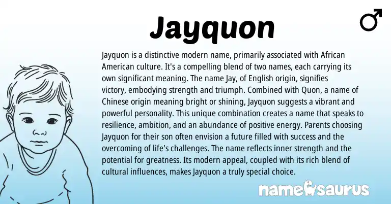 Infographic about Jayquon name meaning, Jayquon is a name from Chinese, English, American origin(s).