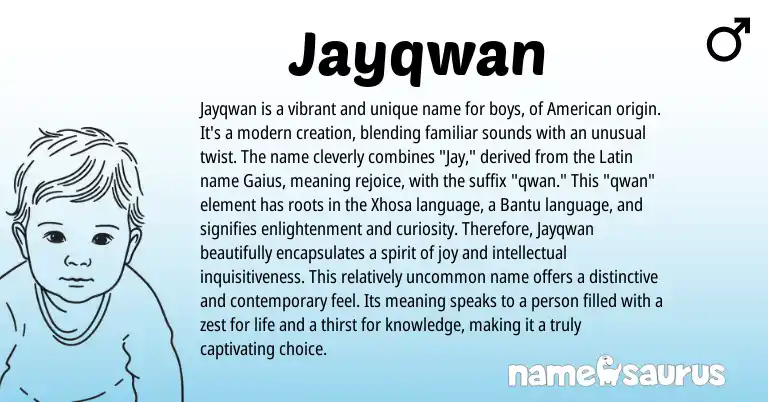Infographic about Jayqwan name meaning, Jayqwan is a name from Latin, Bantu, Xhosa, American origin(s).