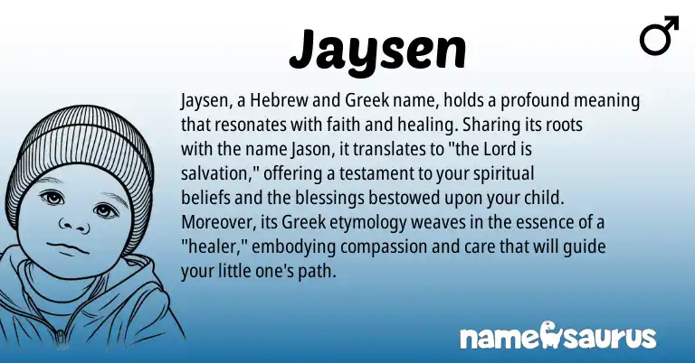 Infographic about Jaysen name meaning, Jaysen is a name from Hebrew, Greek origin(s).