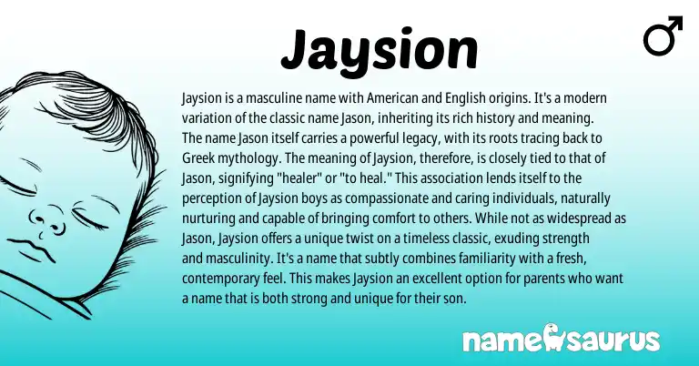 Infographic about Jaysion name meaning, Jaysion is a name from American origin(s).