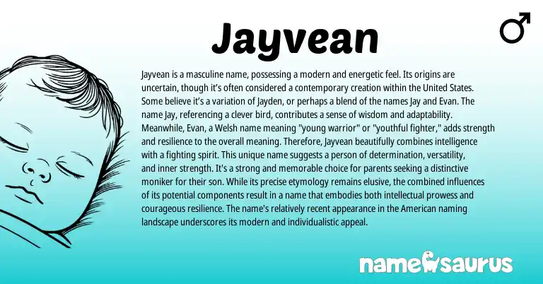 Infographic about Jayvean name meaning, Jayvean is a name from Welsh, American origin(s).