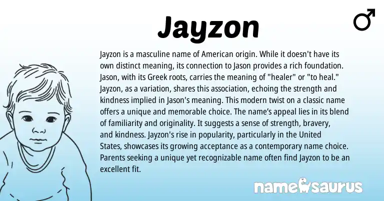 Infographic about Jayzon name meaning, Jayzon is a name from American, Greek origin(s).