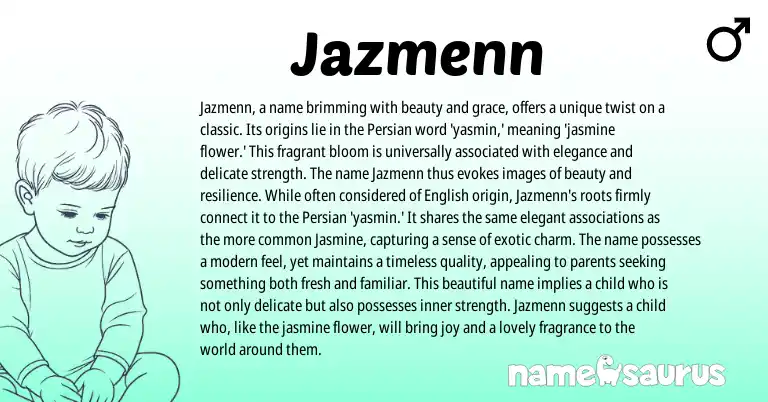 Infographic about Jazmenn name meaning, Jazmenn is a name from Persian origin(s).