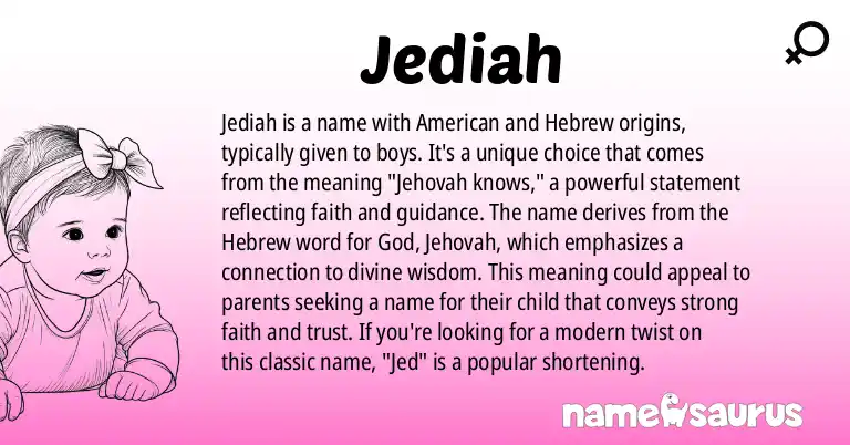 Infographic about Jediah name meaning, Jediah is a name from American, Hebrew origin(s).