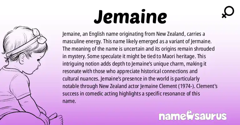 Infographic about Jemaine name meaning, Jemaine is a name from English (New Zealand) origin(s).