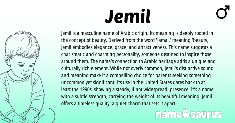 Infographic about Jemil name meaning, Jemil is a name from Arabic origin(s).