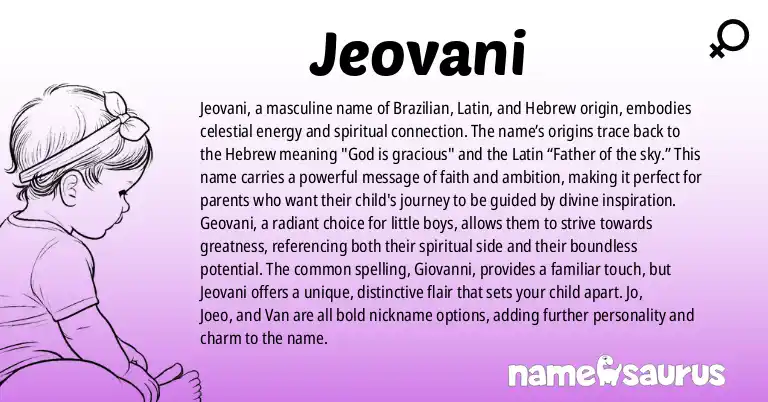 Infographic about Jeovani name meaning, Jeovani is a name from Brazilian, Latin, Hebrew origin(s).