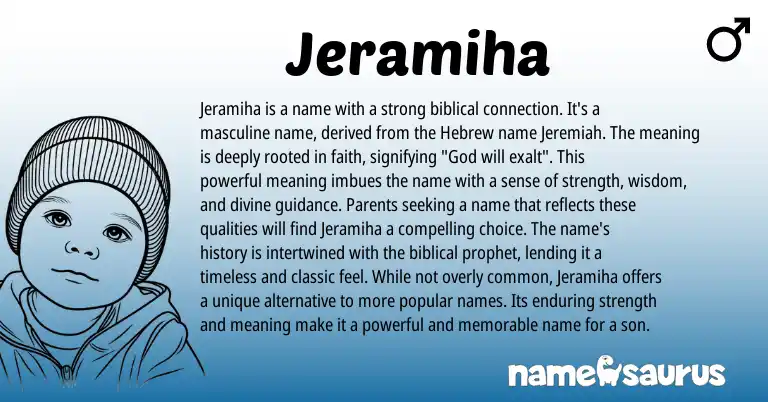 Infographic about Jeramiha name meaning, Jeramiha is a name from Hebrew, Biblical origin(s).