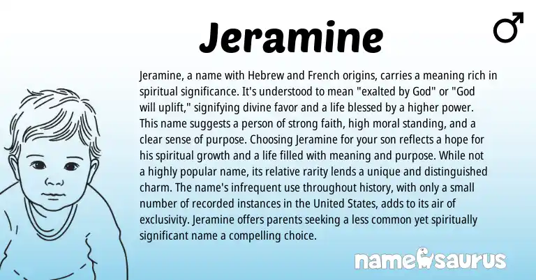 Infographic about Jeramine name meaning, Jeramine is a name from Hebrew, English origin(s).