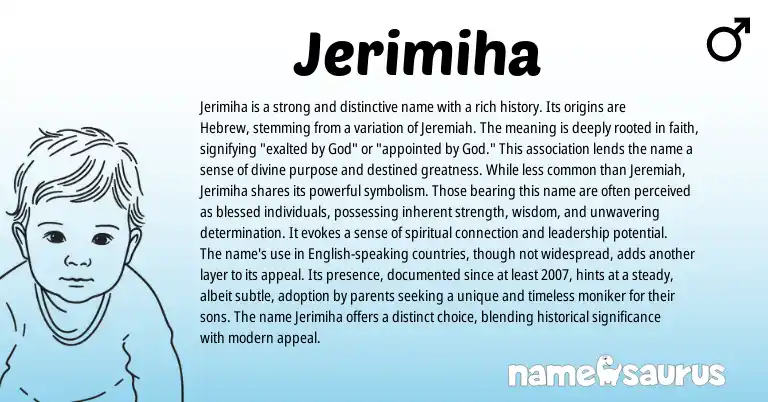 Infographic about Jerimiha name meaning, Jerimiha is a name from Hebrew origin(s).