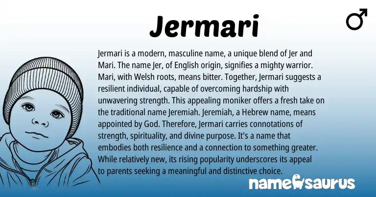 Infographic about Jermari name meaning, Jermari is a name from Mari, Welsh, English, American origin(s).