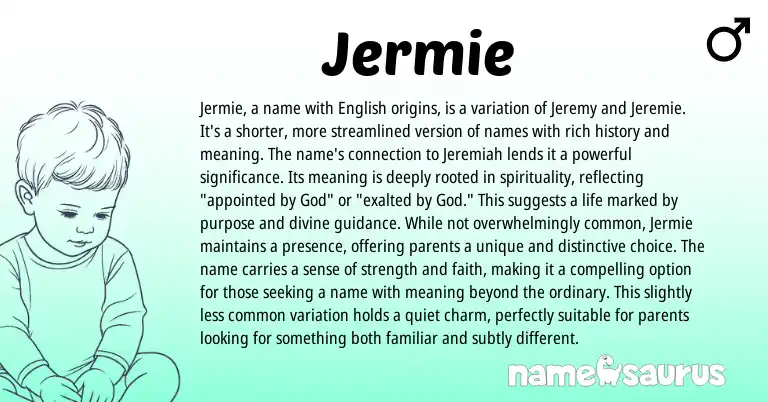 Infographic about Jermie name meaning, Jermie is a name from Hebrew, English origin(s).