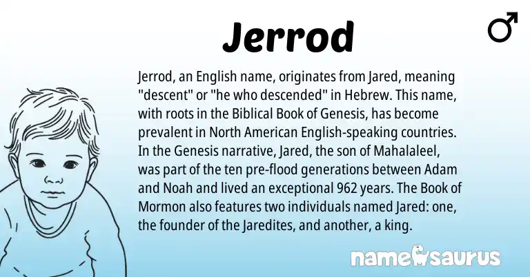 Infographic about Jerrod name meaning, Jerrod is a name from English, Mormon, American, Hebrew origin(s).