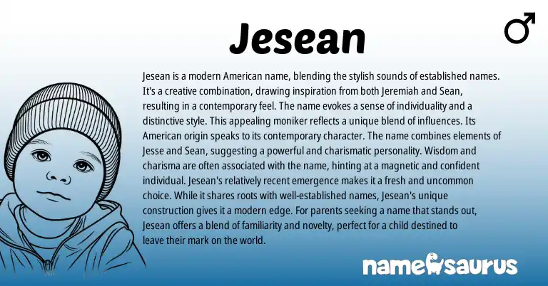Infographic about Jesean name meaning, Jesean is a name from English, American origin(s).