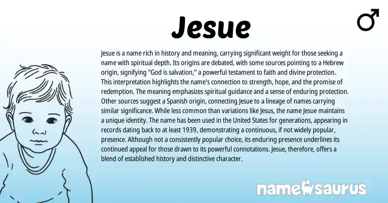 Infographic about Jesue name meaning, Jesue is a name from Hebrew origin(s).