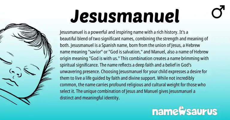 Infographic about Jesusmanuel name meaning, Jesusmanuel is a name from Hebrew, Spanish origin(s).