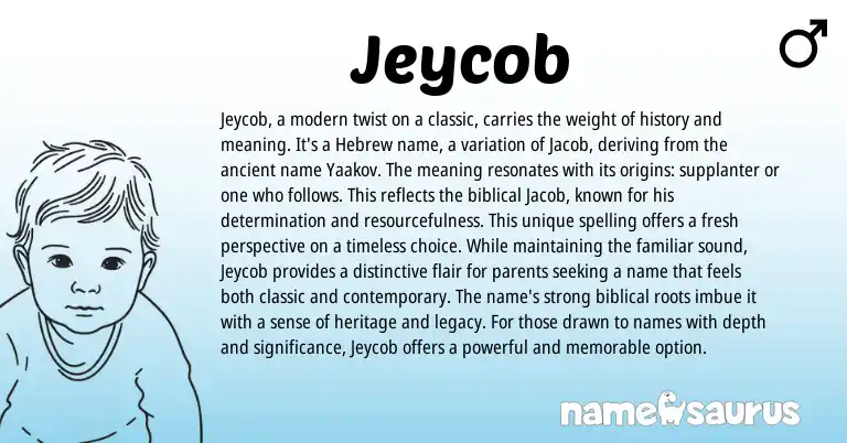 Infographic about Jeycob name meaning, Jeycob is a name from Hebrew origin(s).