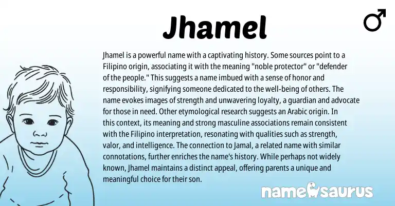 Infographic about Jhamel name meaning, Jhamel is a name from Filipino origin(s).