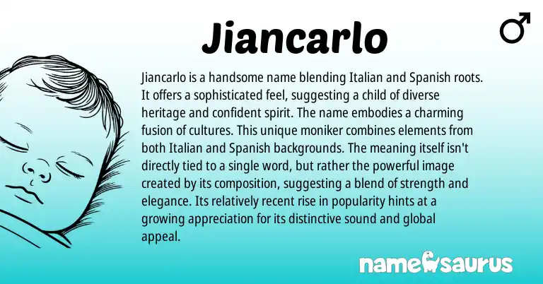 Infographic about Jiancarlo name meaning, Jiancarlo is a name from Italian, Spanish origin(s).