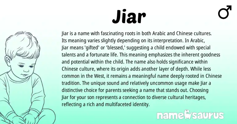Infographic about Jiar name meaning, Jiar is a name from Arabic origin(s).