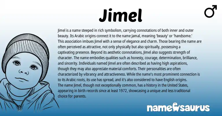 Infographic about Jimel name meaning, Jimel is a name from Arabic origin(s).