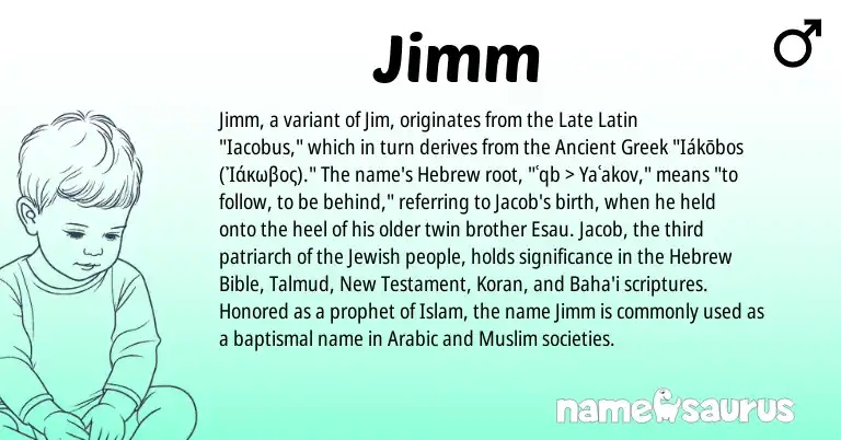 Infographic about Jimm name meaning, Jimm is a name from Ancient Greek, Muslim, Late Latin, Arabic, Jewish, Hebrew origin(s).