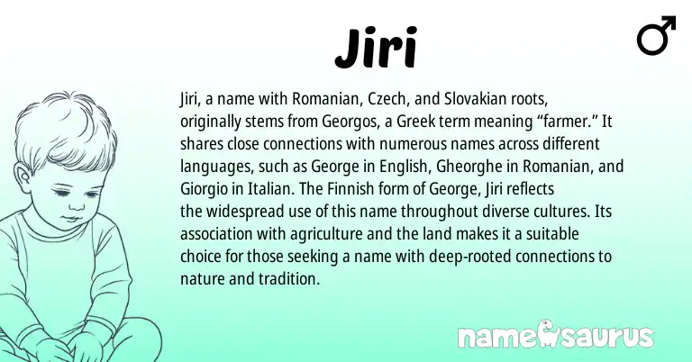Infographic about Jiri name meaning, Jiri is a name from Finnish, English, Greek, Romanian, Czech, Italian origin(s).