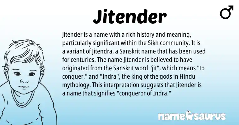 Infographic about Jitender name meaning, Jitender is a name from Sikh, Hindu, Sanskrit origin(s).