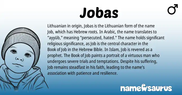 Infographic about Jobas name meaning, Jobas is a name from Lithuanian, Arabic, Hebrew origin(s).