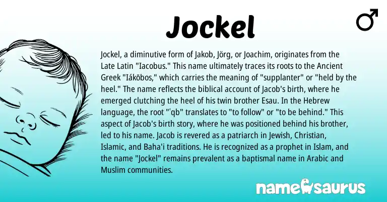 Infographic about Jockel name meaning, Jockel is a name from Ancient Greek, Muslim, Late Latin, Arabic, Jewish, Hebrew origin(s).