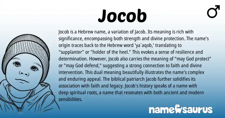 Infographic about Jocob name meaning, Jocob is a name from Hebrew origin(s).
