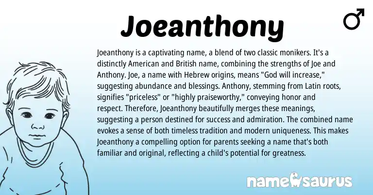 Infographic about Joeanthony name meaning, Joeanthony is a name from Latin, Hebrew, American origin(s).