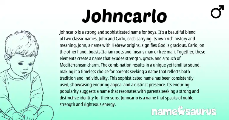 Infographic about Johncarlo name meaning, Johncarlo is a name from Hebrew, Italian origin(s).