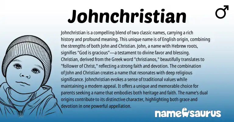 Infographic about Johnchristian name meaning, Johnchristian is a name from Greek, Hebrew, Biblical origin(s).