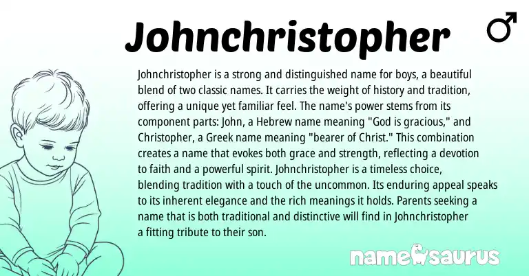 Infographic about Johnchristopher name meaning, Johnchristopher is a name from Hebrew, Greek origin(s).