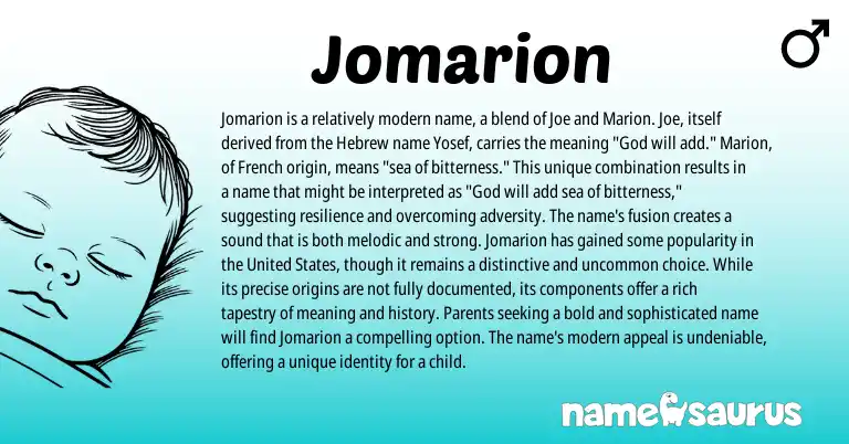 Infographic about Jomarion name meaning, Jomarion is a name from French, Hebrew origin(s).