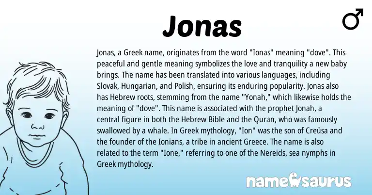 Infographic about Jonas name meaning, Jonas is a name from Polish, Slovak, Greece, Hungarian, Greek, Hebrew origin(s).