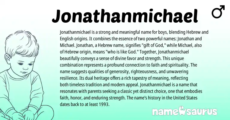 Infographic about Jonathanmichael name meaning, Jonathanmichael is a name from Hebrew, English origin(s).