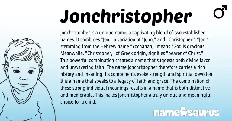 Infographic about Jonchristopher name meaning, Jonchristopher is a name from English, Greek origin(s).