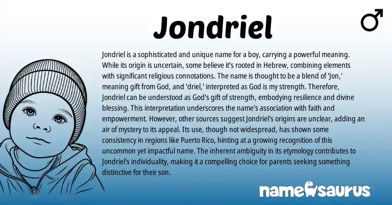 Infographic about Jondriel name meaning, Jondriel is a name from Hebrew origin(s).
