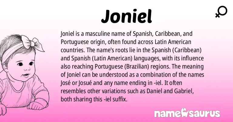 Infographic about Joniel name meaning, Joniel is a name from Spanish (Caribbean), Spanish (Latin American), Portuguese (Brazilian), Filipino origin(s).