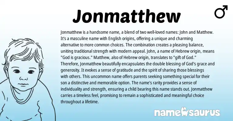 Infographic about Jonmatthew name meaning, Jonmatthew is a name from Hebrew origin(s).
