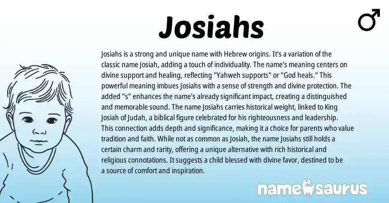 Infographic about Josiahs name meaning, Josiahs is a name from Hebrew origin(s).