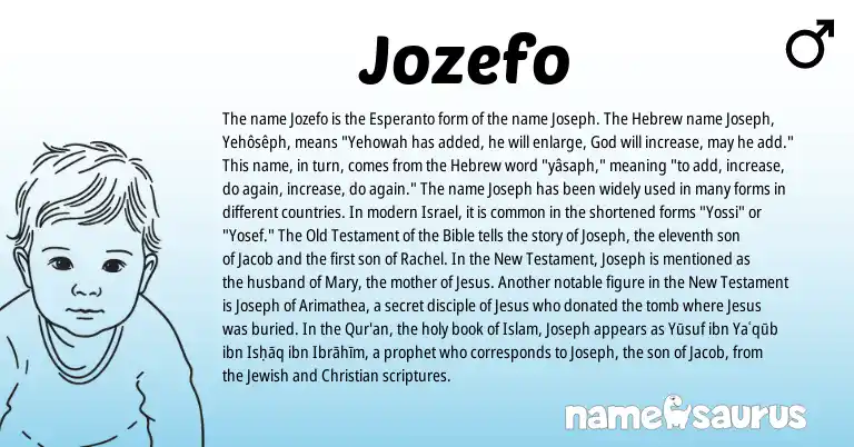 Infographic about Jozefo name meaning, Jozefo is a name from Jewish, Hebrew, Esperanto origin(s).