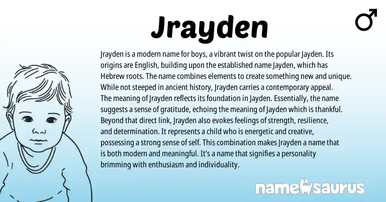 Infographic about Jrayden name meaning, Jrayden is a name from Hebrew origin(s).