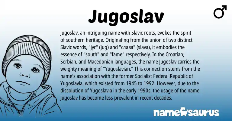 Infographic about Jugoslav name meaning, Jugoslav is a name from Croatian, Slavic, Serbian, Macedonian origin(s).