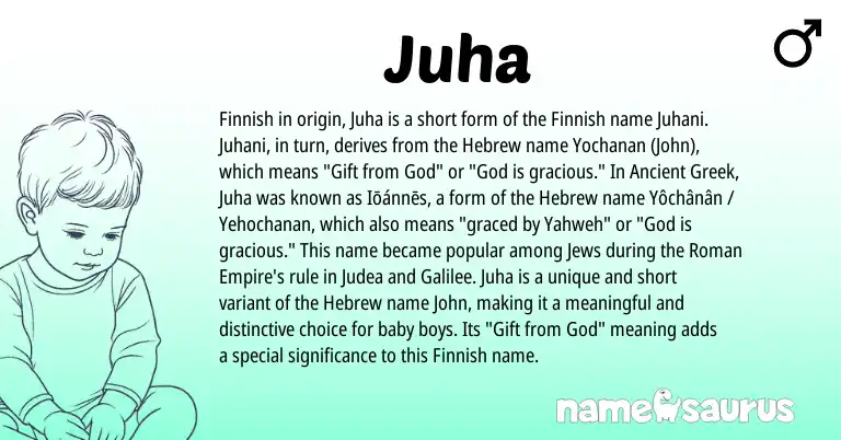 Infographic about Juha name meaning, Juha is a name from Finnish, Roman, Hebrew, Ancient Greek origin(s).