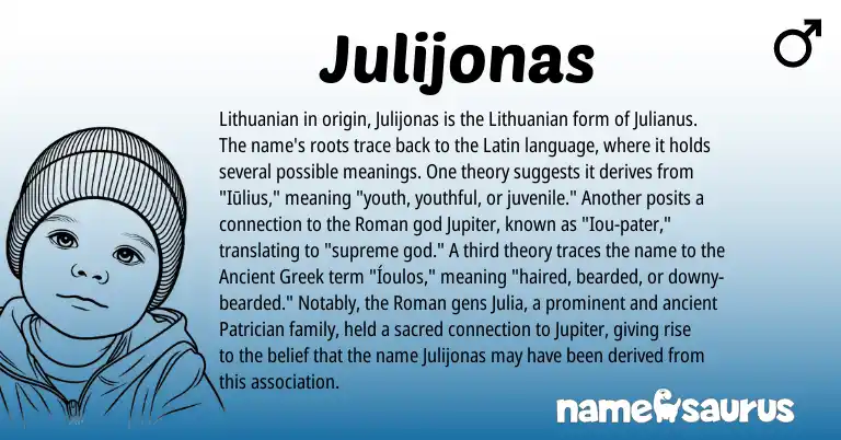 Infographic about Julijonas name meaning, Julijonas is a name from Lithuanian, Ancient Greek, Roman, Latin origin(s).