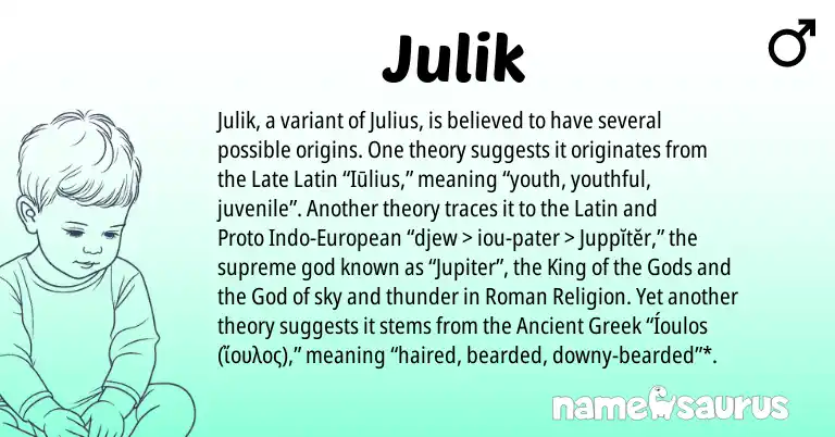 Infographic about Julik name meaning, Julik is a name from Ancient Greek, Late Latin, European, Roman, Latin origin(s).